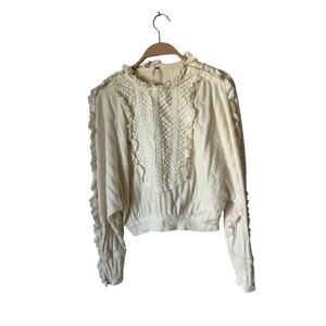 Free People‎ More Romance Blouse Top Ivory Textured Ruffle Striped Lace XS